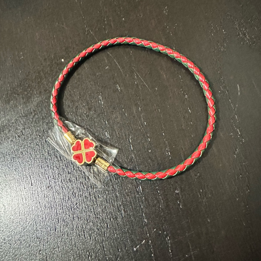 Woven Leather and Stainless Steel Four Leaf Clover Charm Bracelet
